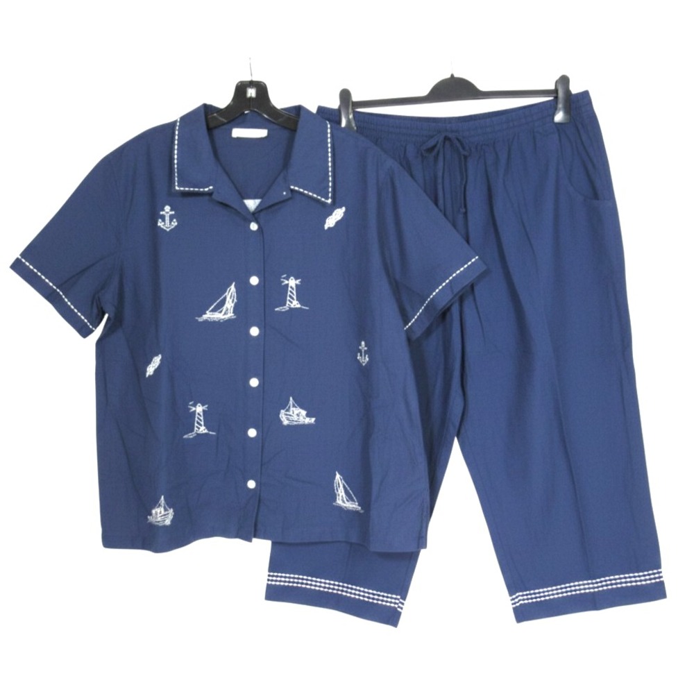 VTG LEMON GRASS 2-Pc LINEN BLEND Nautical Print BUTTON-UP Shirt/Capri Pants 22W
